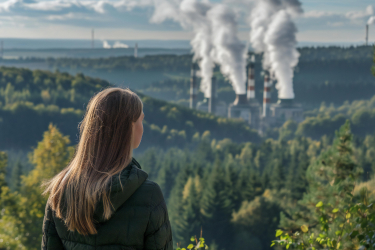 Mladá žena - dievča - pozerá z kopca na krajinu do doliny, kde je dymiaca továreň s komínmi