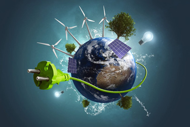 Zemeguľa so symbolmi obnoviteľnej energie